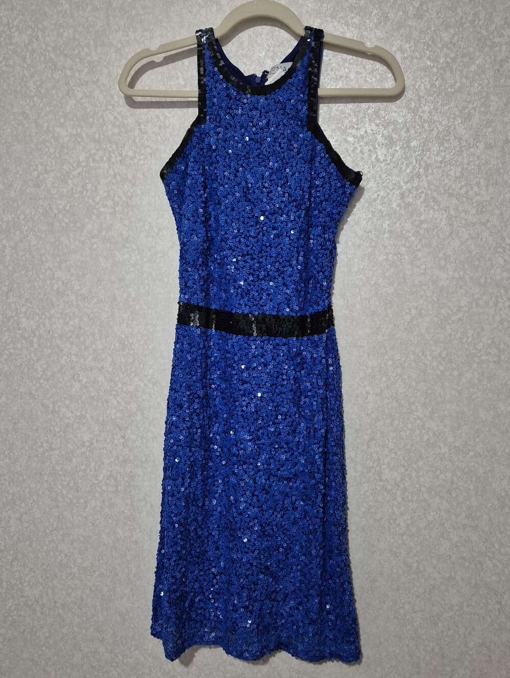 IEENA For Mac duggal Blue Sequin Halter Mini Dress with Black Accents-4